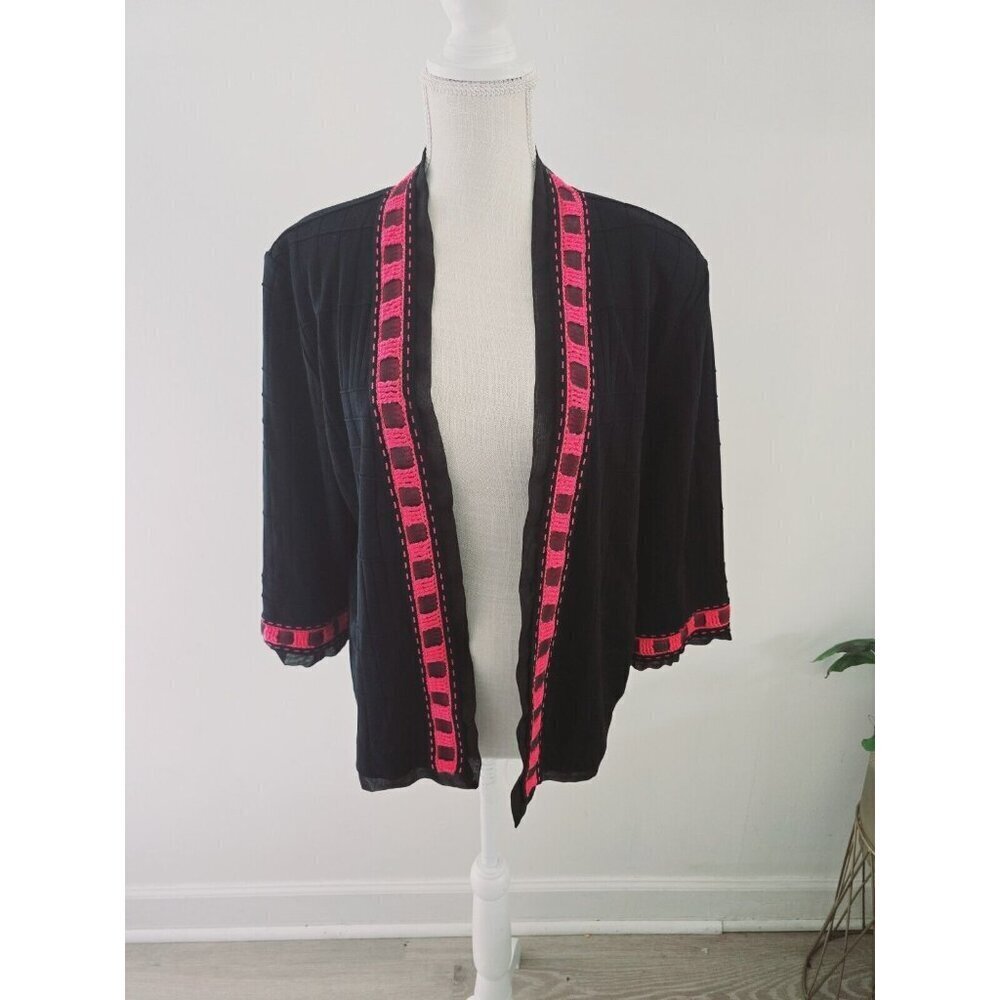 Ming Wang Open Front Knit Ribbon Black Pink Cardigan Sweater L Petite PL